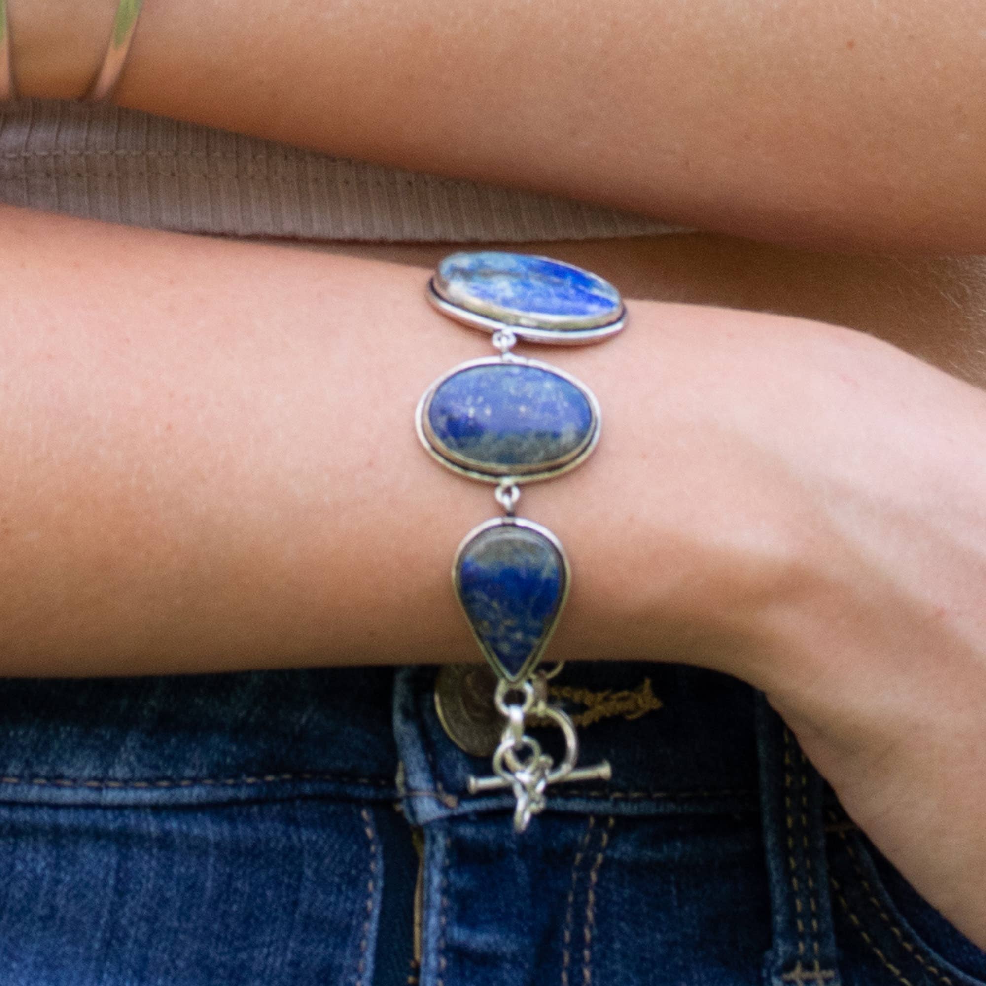 Handcrafted Semiprecious Stone Link Bracelet - Lapis