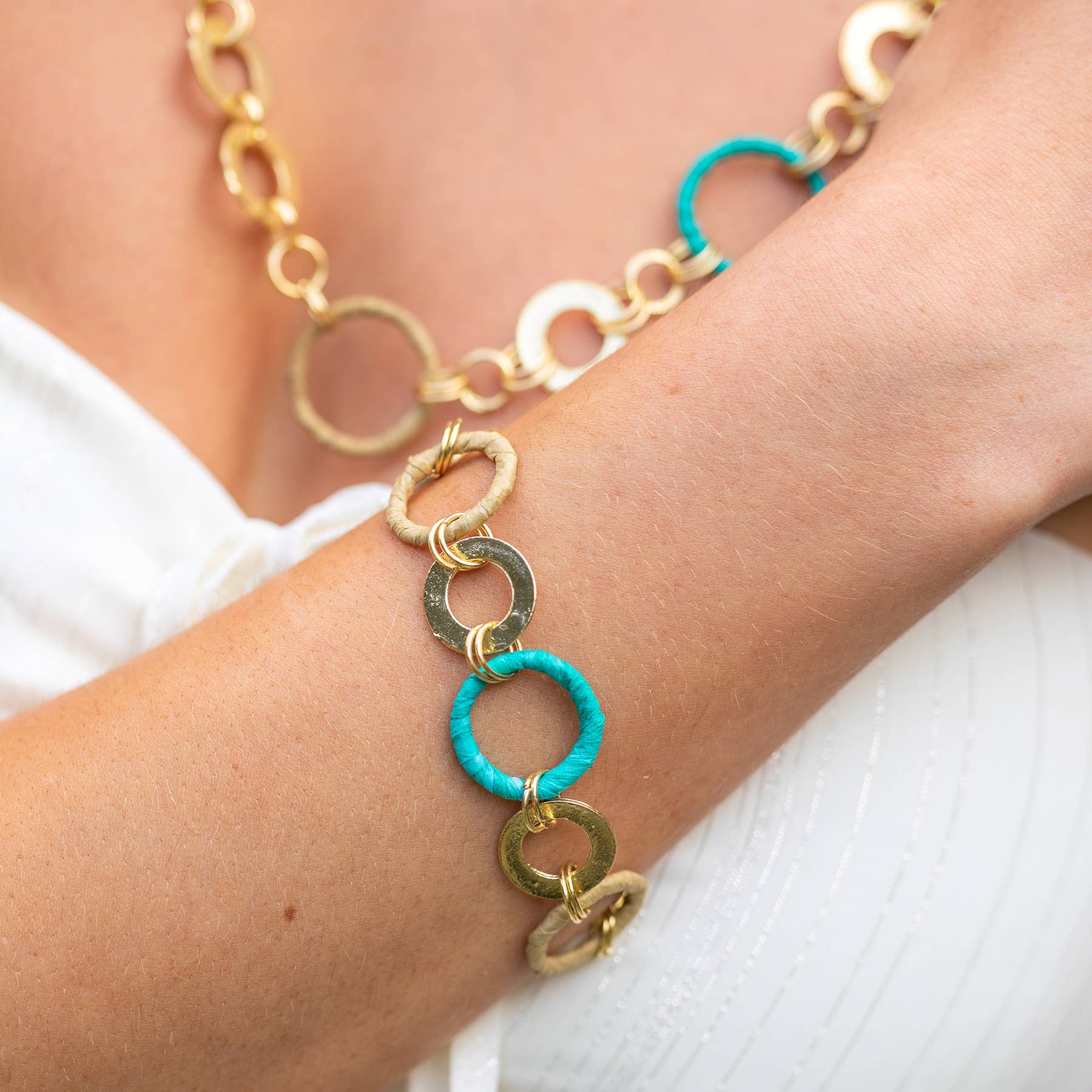 Sachi Raffia Rings Bracelet - Teal Large and Small Rings