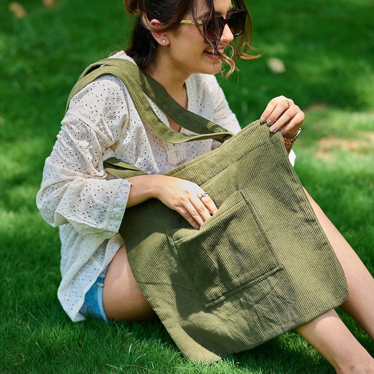 Corduroy Tote Bag with Front Pocket - Olive