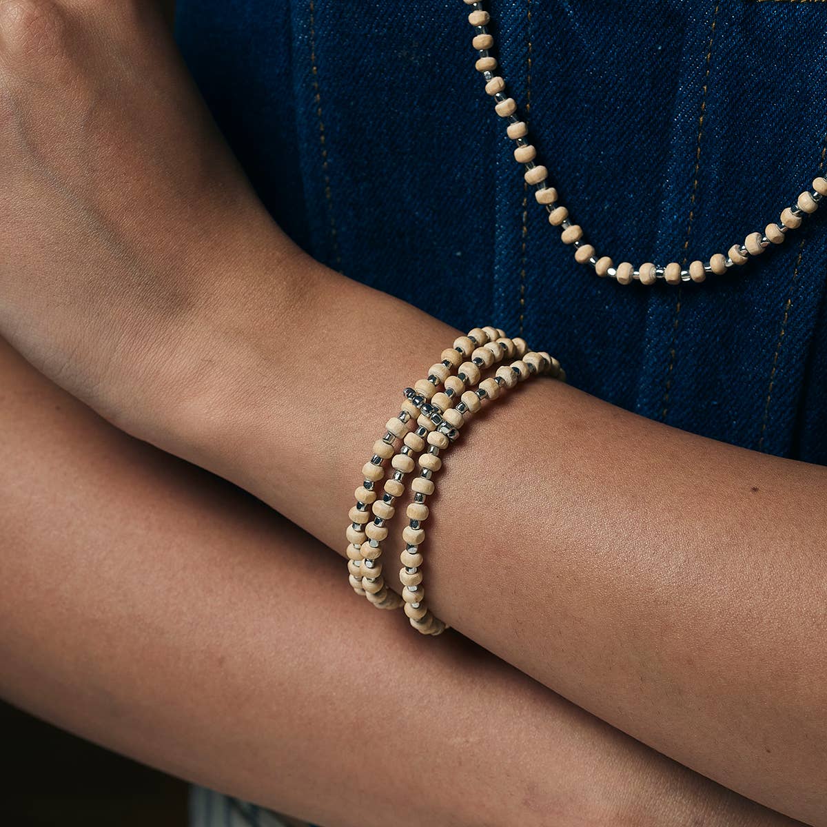 Sachi Wood Bead Wrap Bracelet - Beige