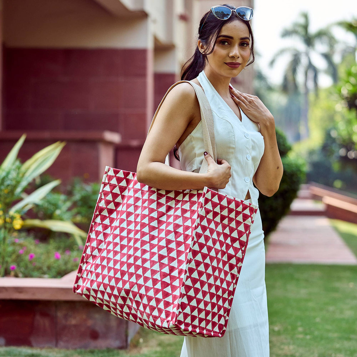 Canvas Bag with Block-Printed Red geometric pattern