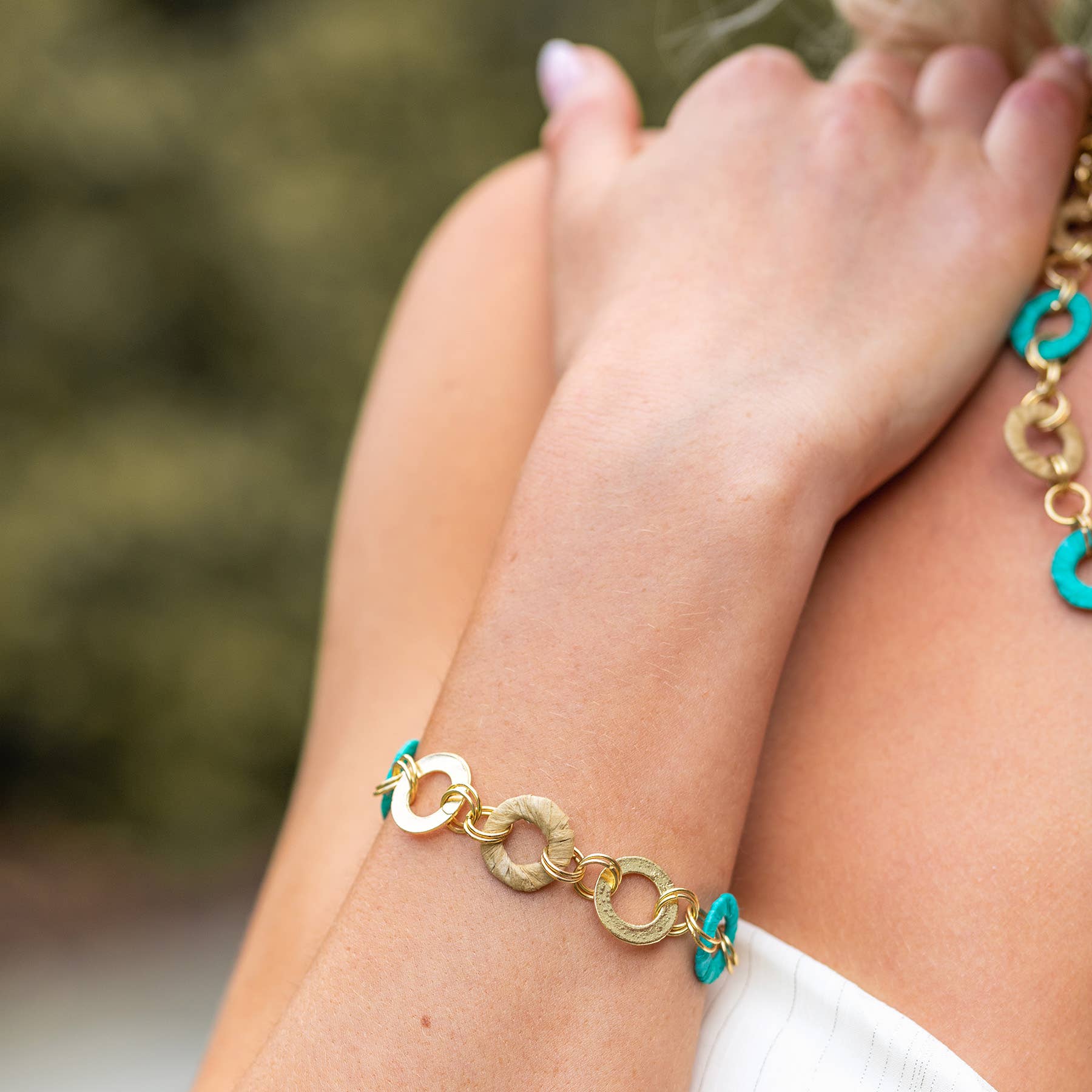 Sachi Raffia Rings Bracelet - Teal and Beige Small Rings