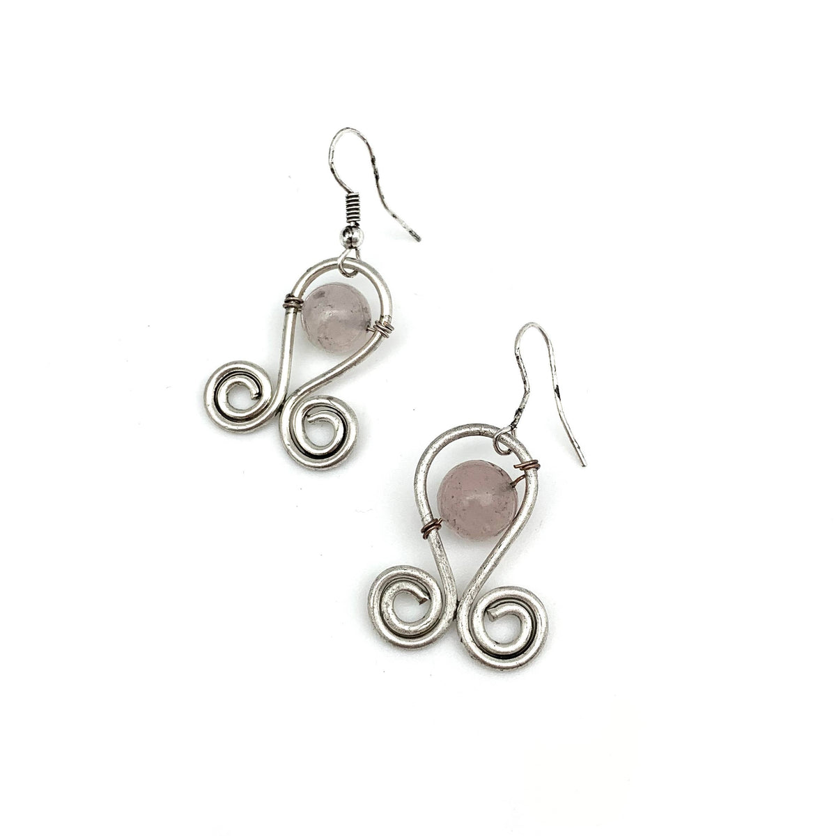 Silver Plated Earrings - Spiral Loops with Rose Quartz