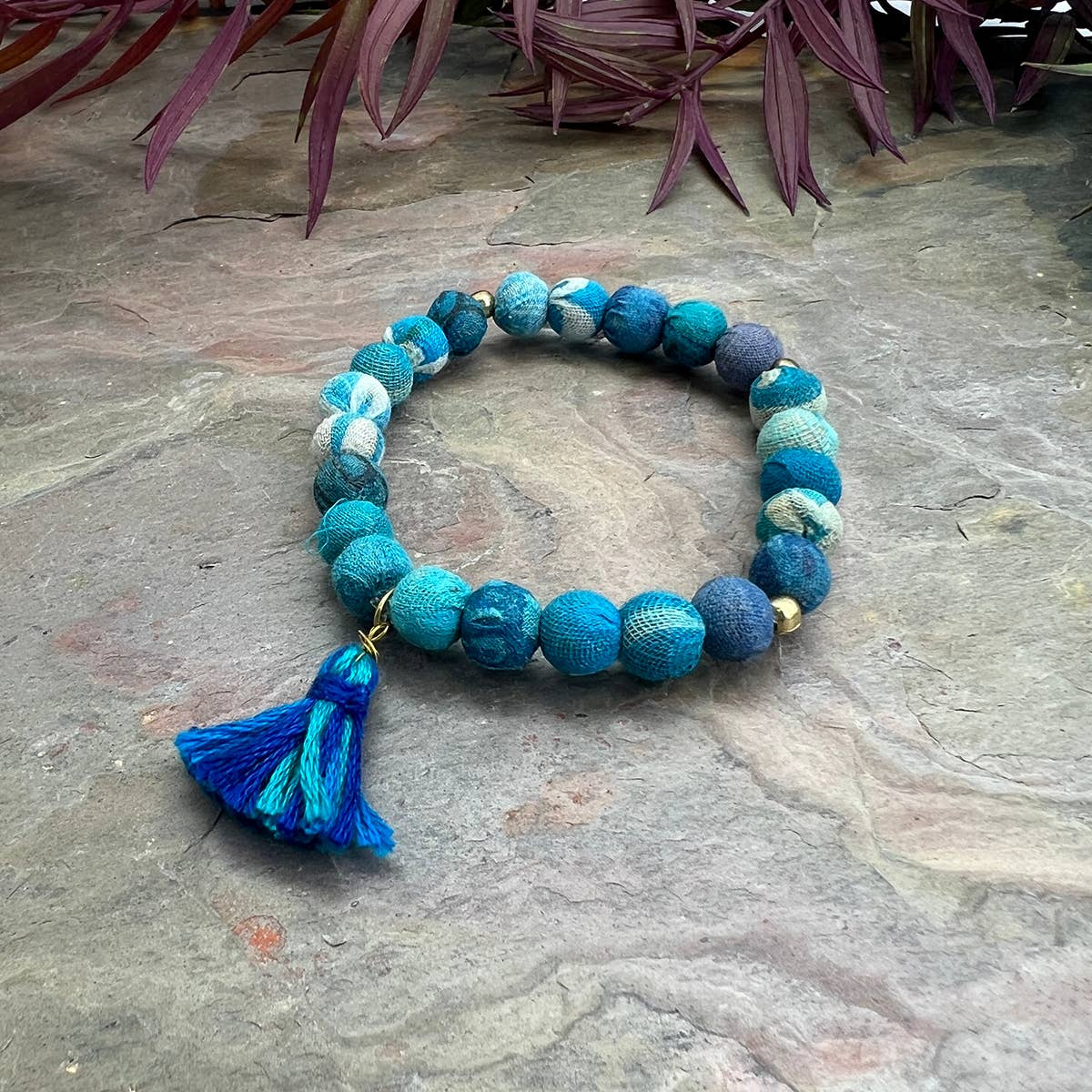 Aasha Aqua Stackable Tassel Kantha Handcrafted Bracelet