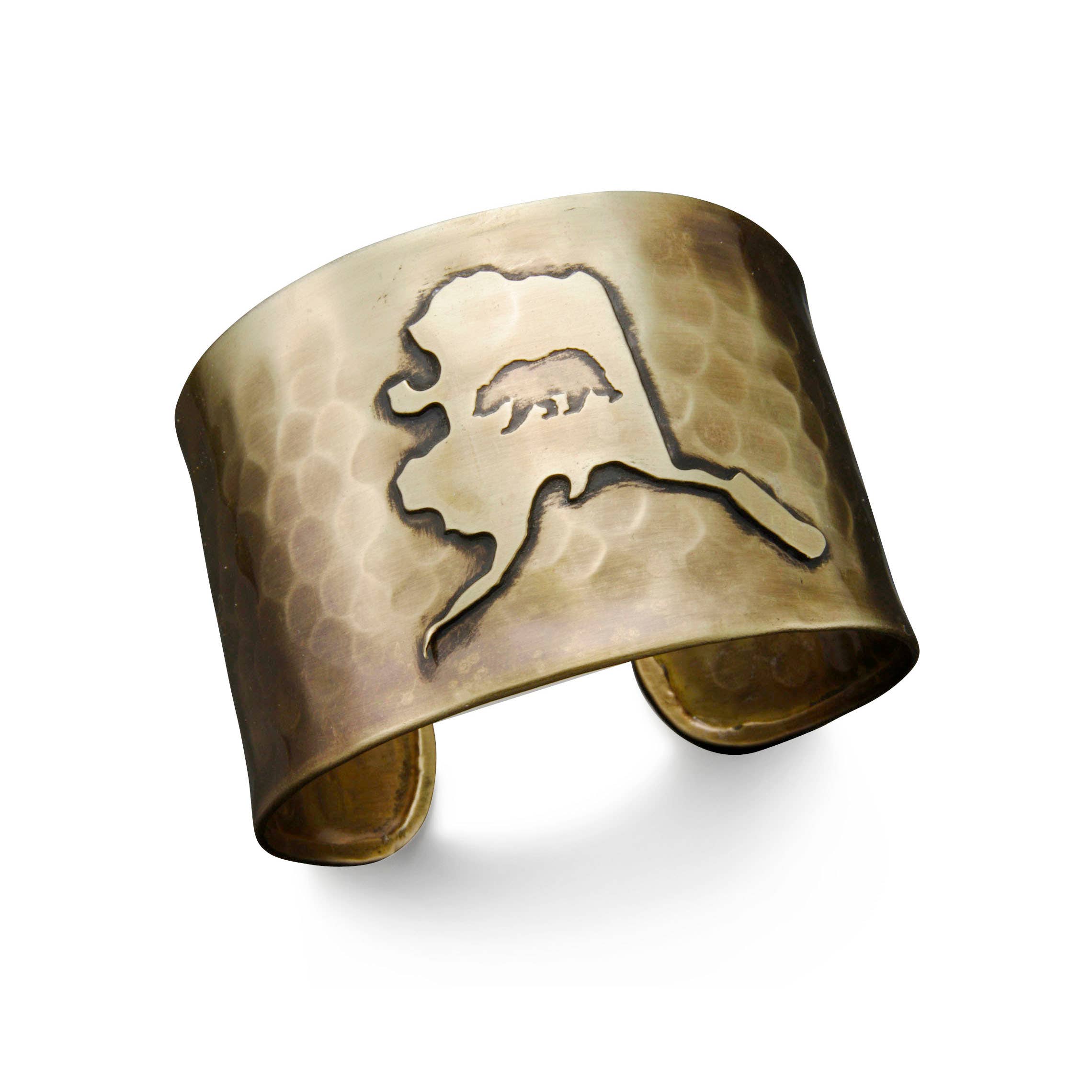 Antique Brass Adjustable Cuff Bracelet - Alaska with Bear