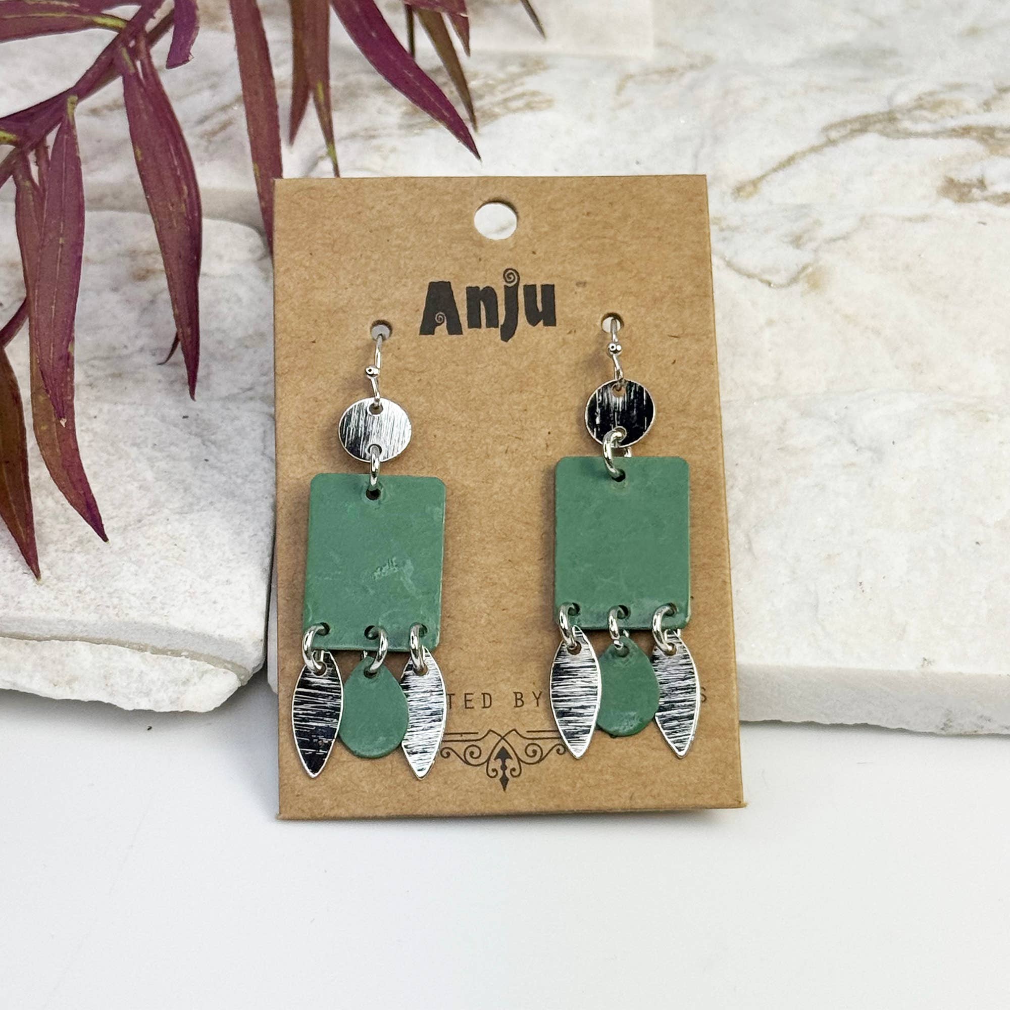 Handcrafted Green Patina Rectangle Leaf Dangle Earrings