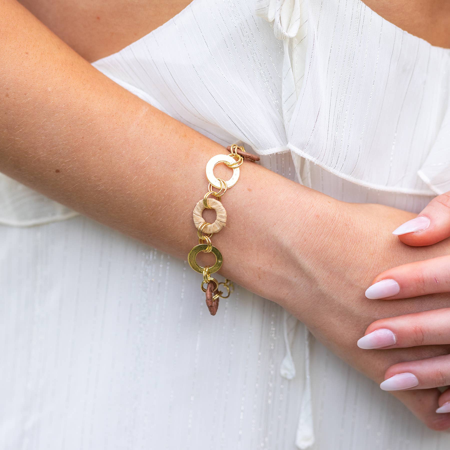 Sachi Raffia Rings Bracelet - Tan and Brown Small Rings