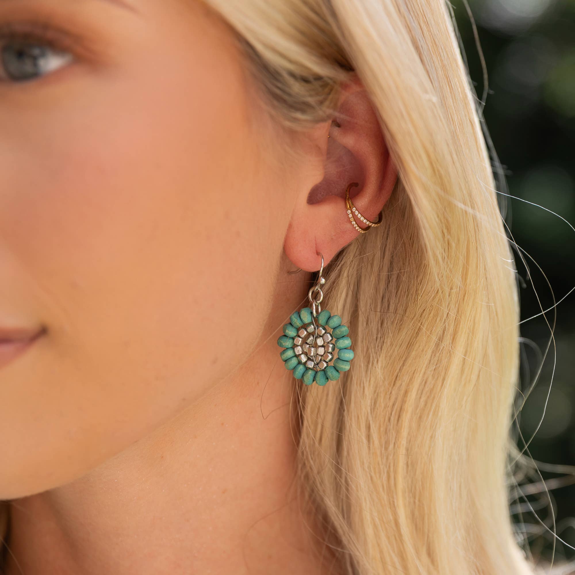 Sachi Wood Bead Flower Earrings - Sea Green