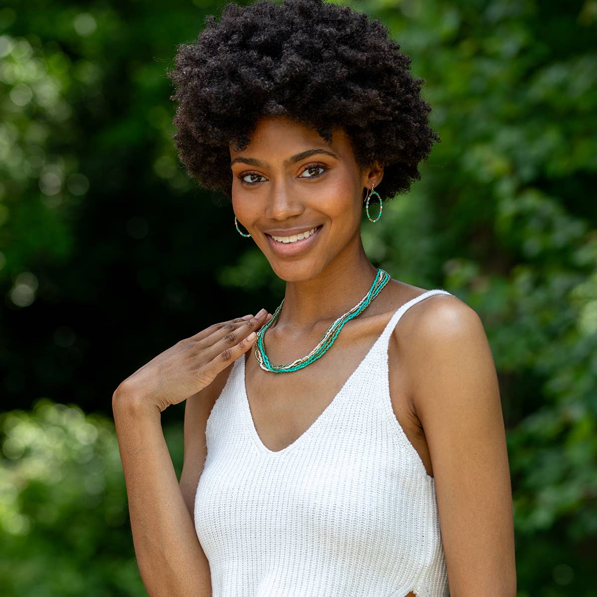 Seed Bead Multi-Strand Bib Necklace - Turquoise and Olive