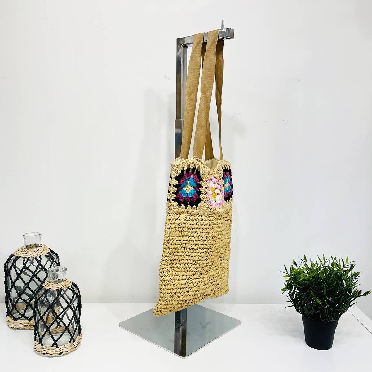 Nola Cotton Crochet and Raffia Shoulder Bags - Beige