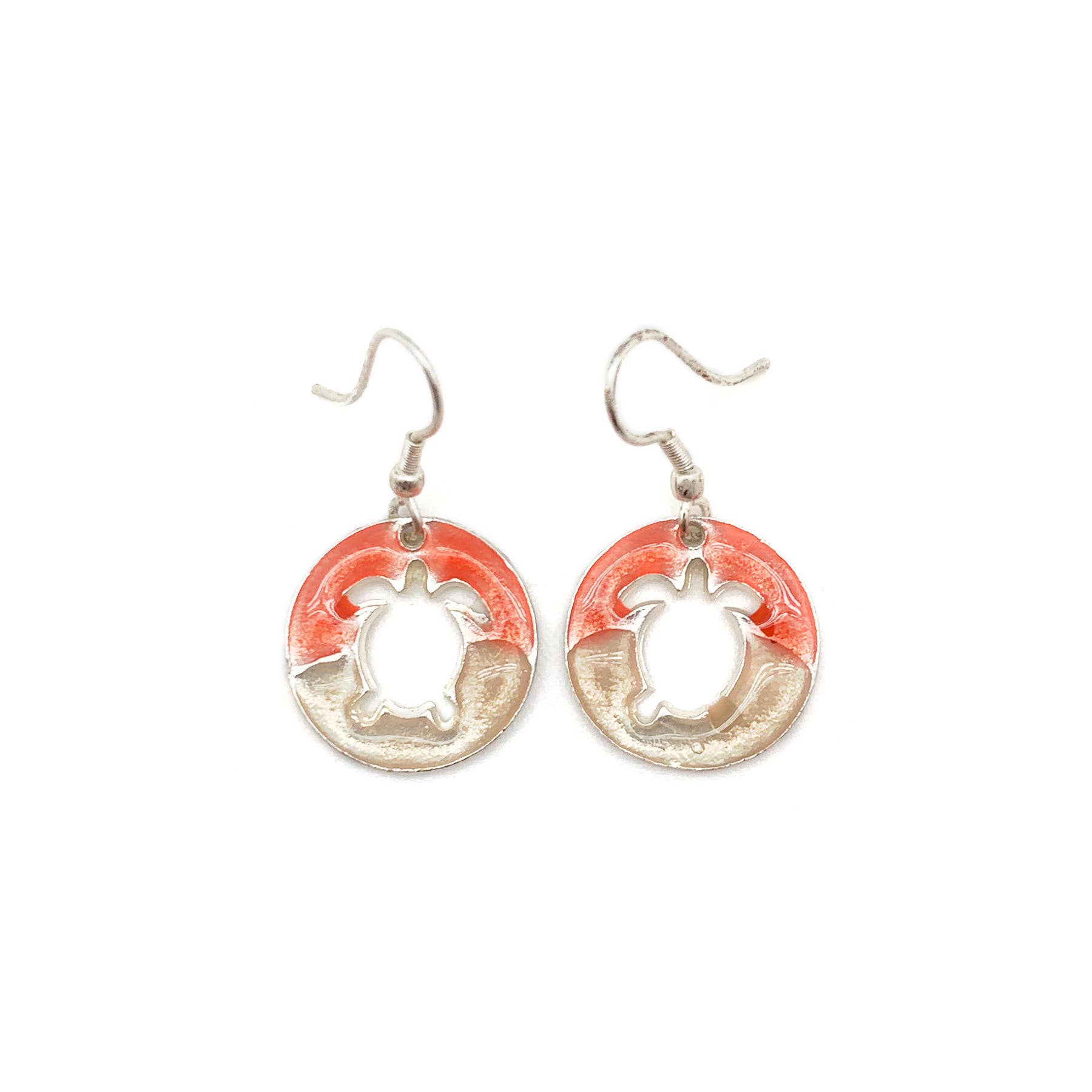 Pewter Earrings with Color Enamel - Coral/Pearl Turtle
