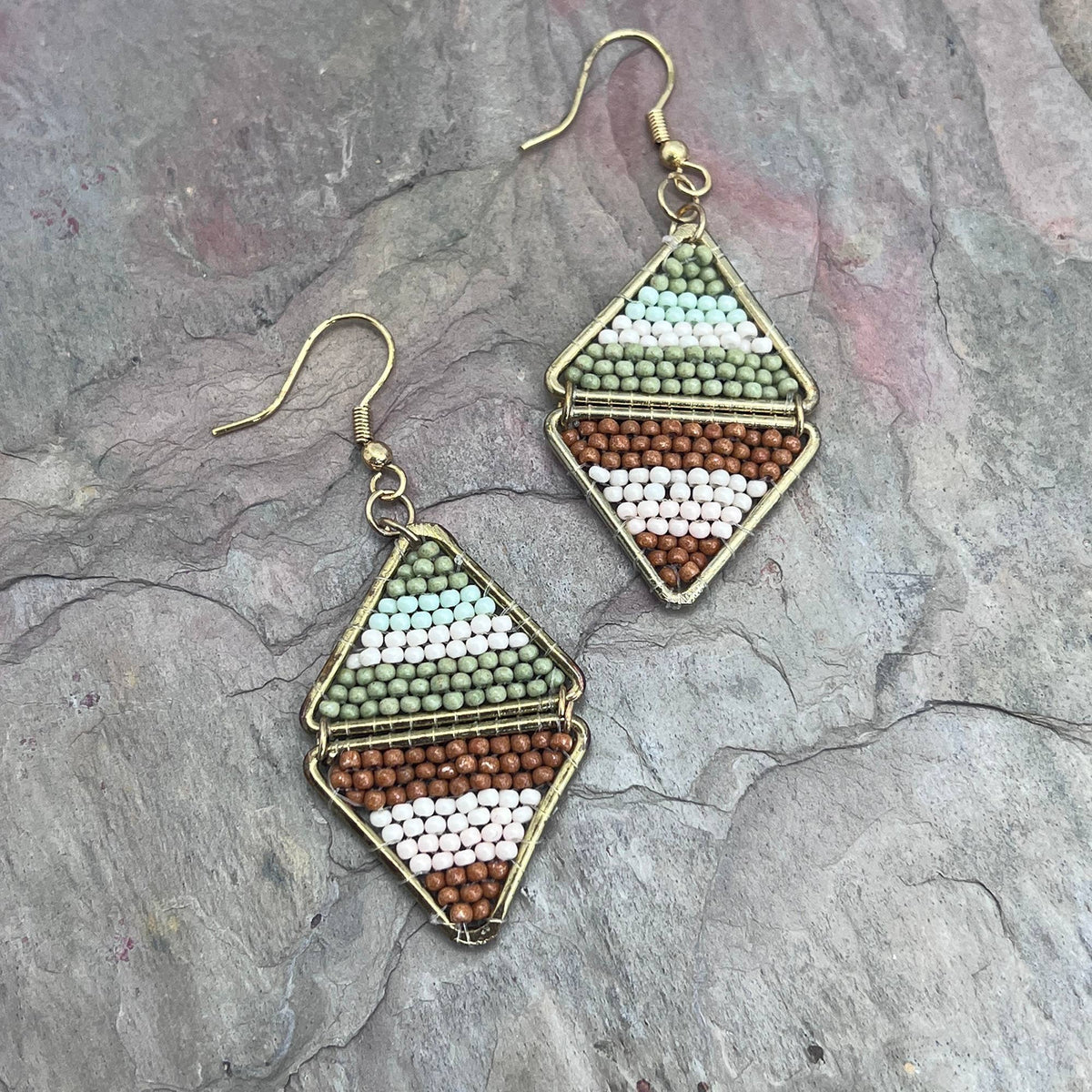 Seed Bead Layered Triangles Earrings - Green and Brown
