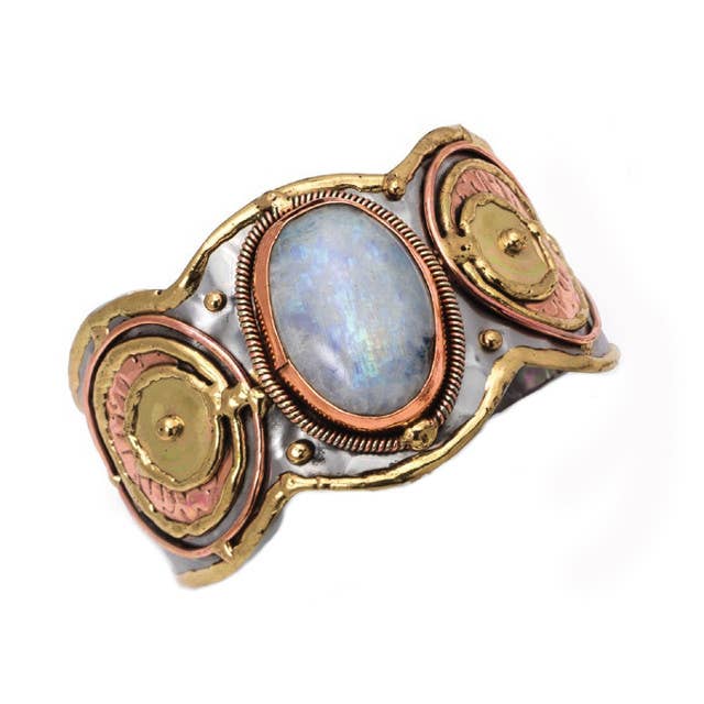 Mixed Metal and Rainbow Moonstone Stone Bracelet