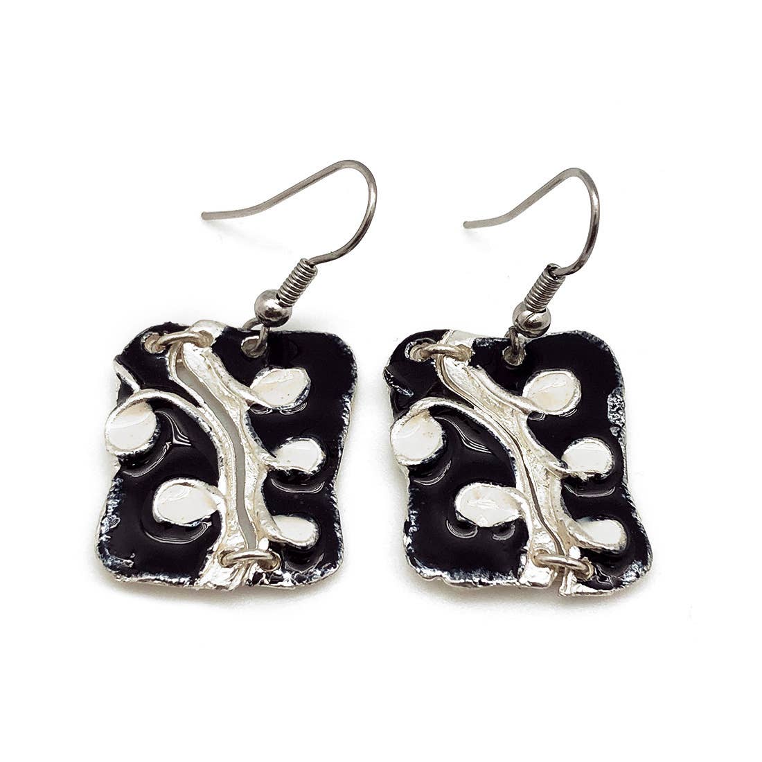 Pewter Earrings with Color Enamel - Black/Cream