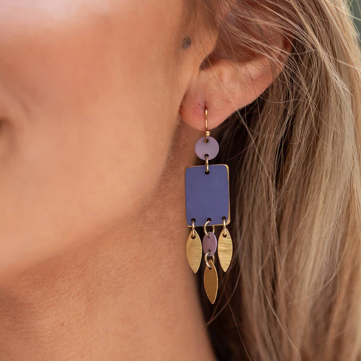 Brass Patina Earrings - Square Purple Tassle