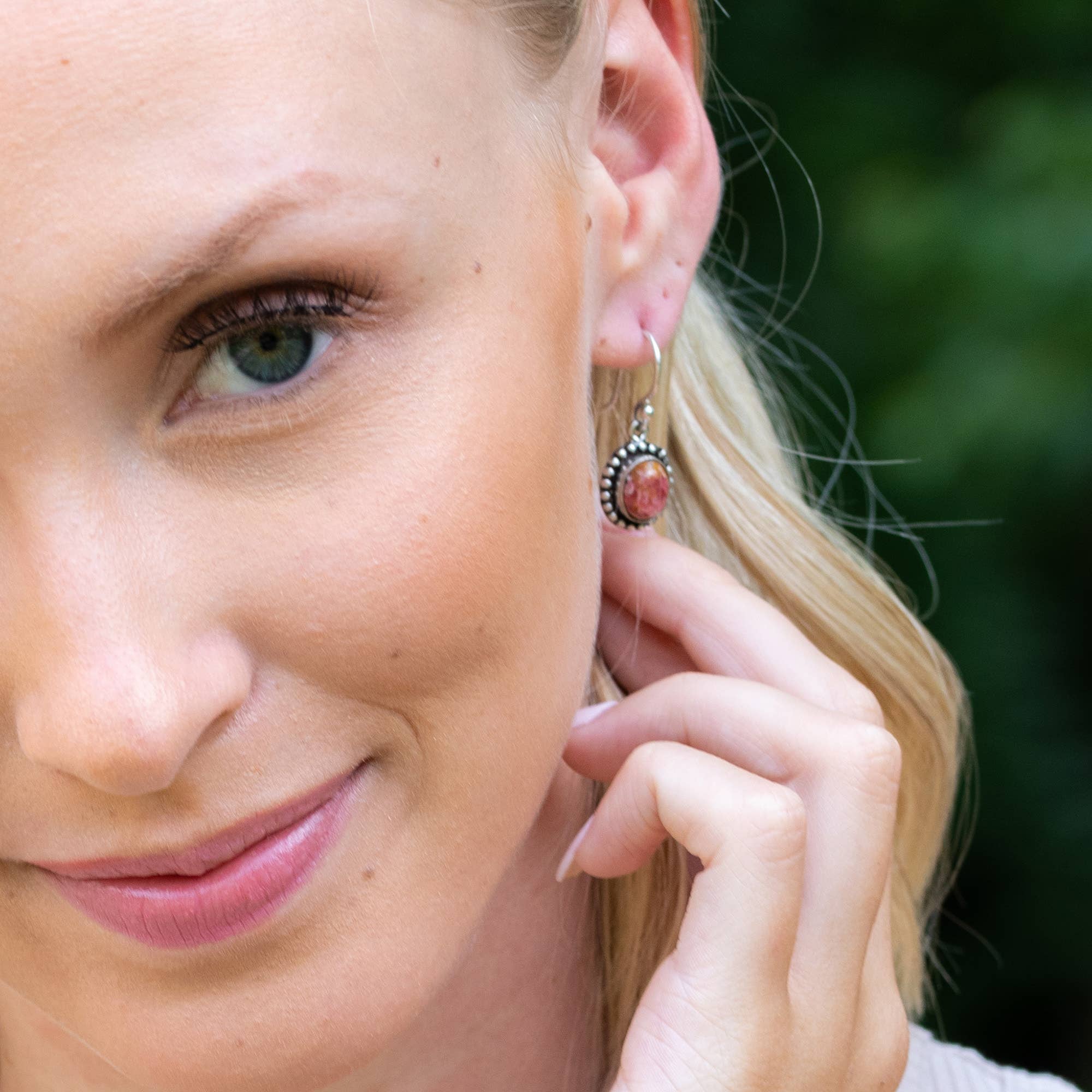 Handcrafted Semiprecious Small Stone Earrings - Rhodonite