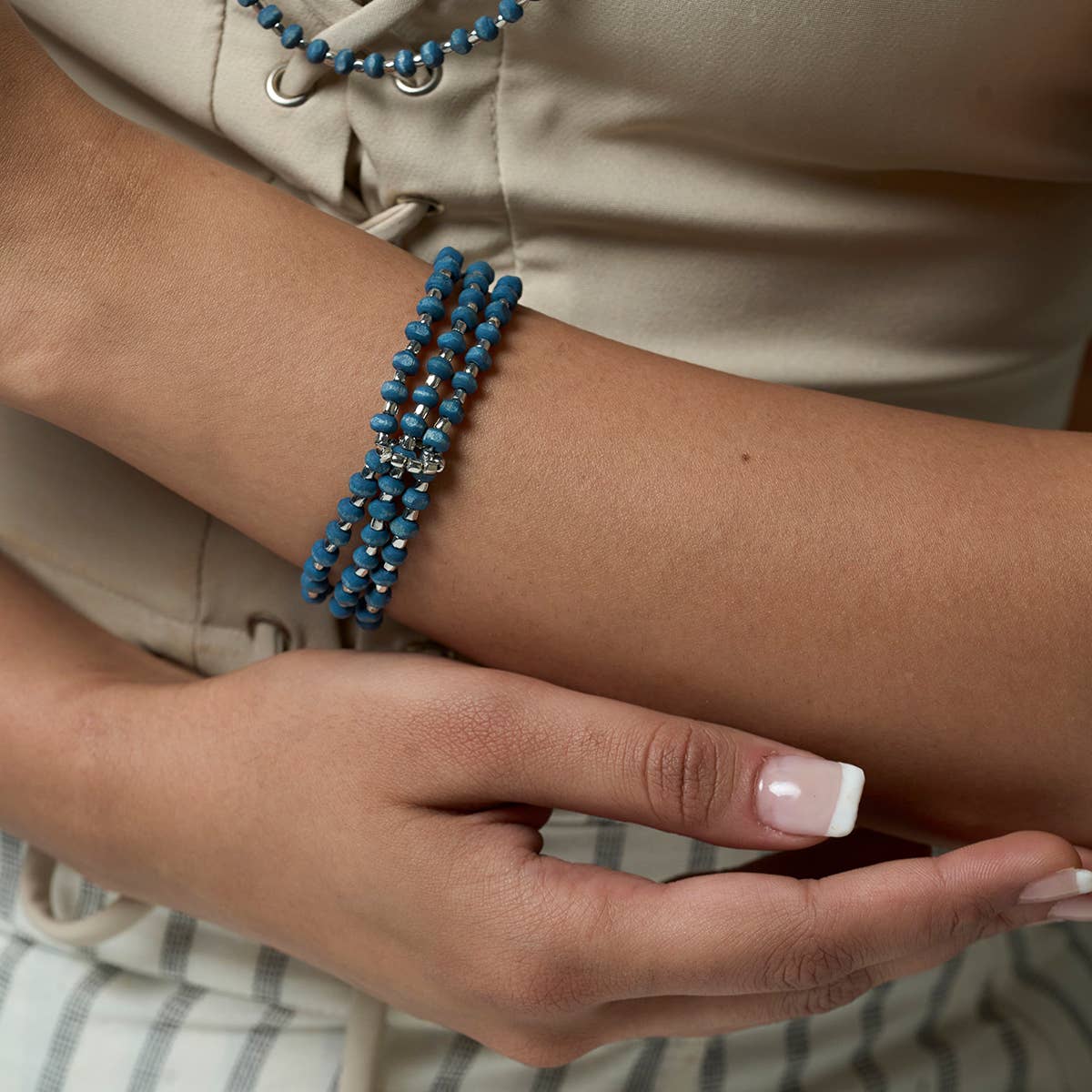 Sachi Wood Bead Wrap Bracelet - Blue
