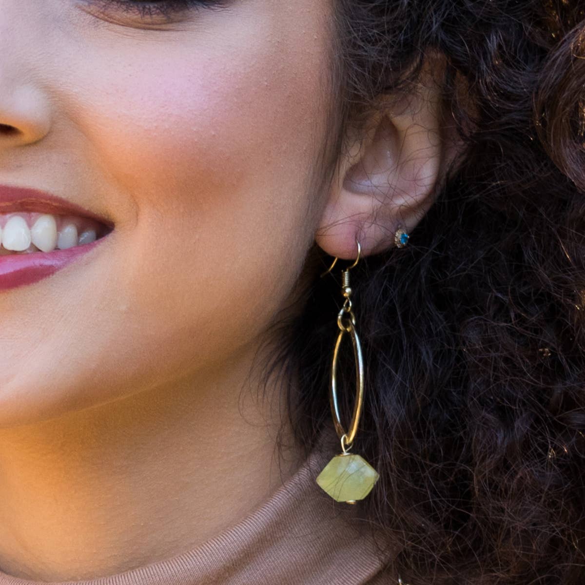 Gold-Plated Long Earrings With Prehnite Stones