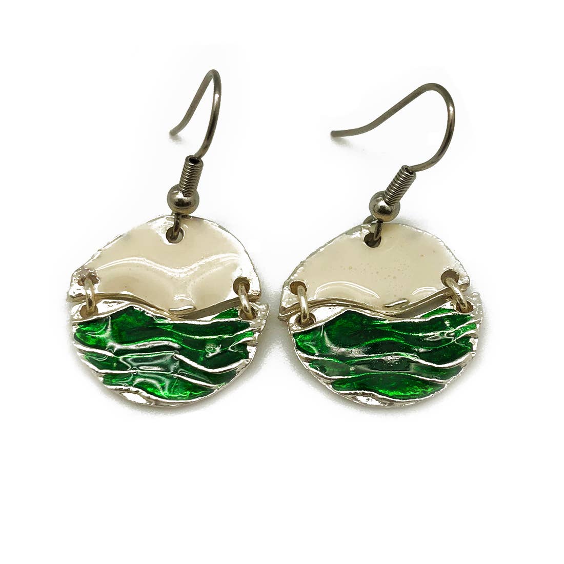 Pewter Earrings with Color Enamel - Green/White