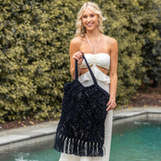 Adira Woven Cotton Macrame Large Fringe Bag - Black