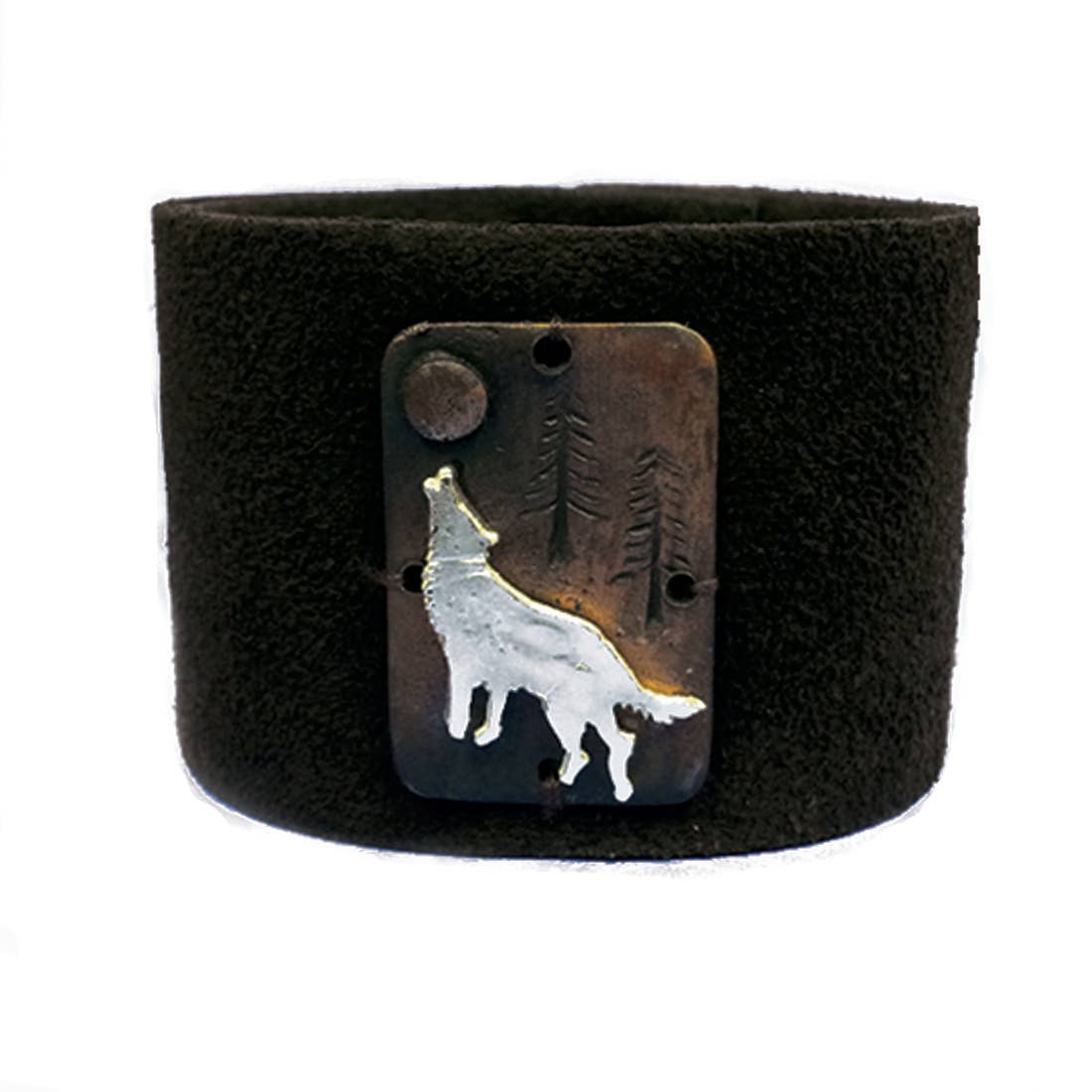 Leather Snap Bracelet - Wolf Howling at Moon