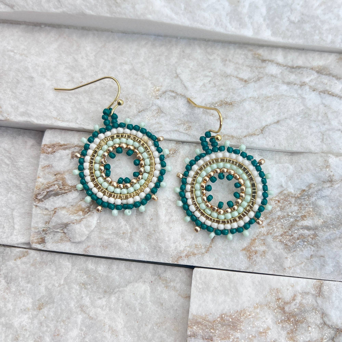 Seed Bead Mandala Hoop Earrings- Green and White
