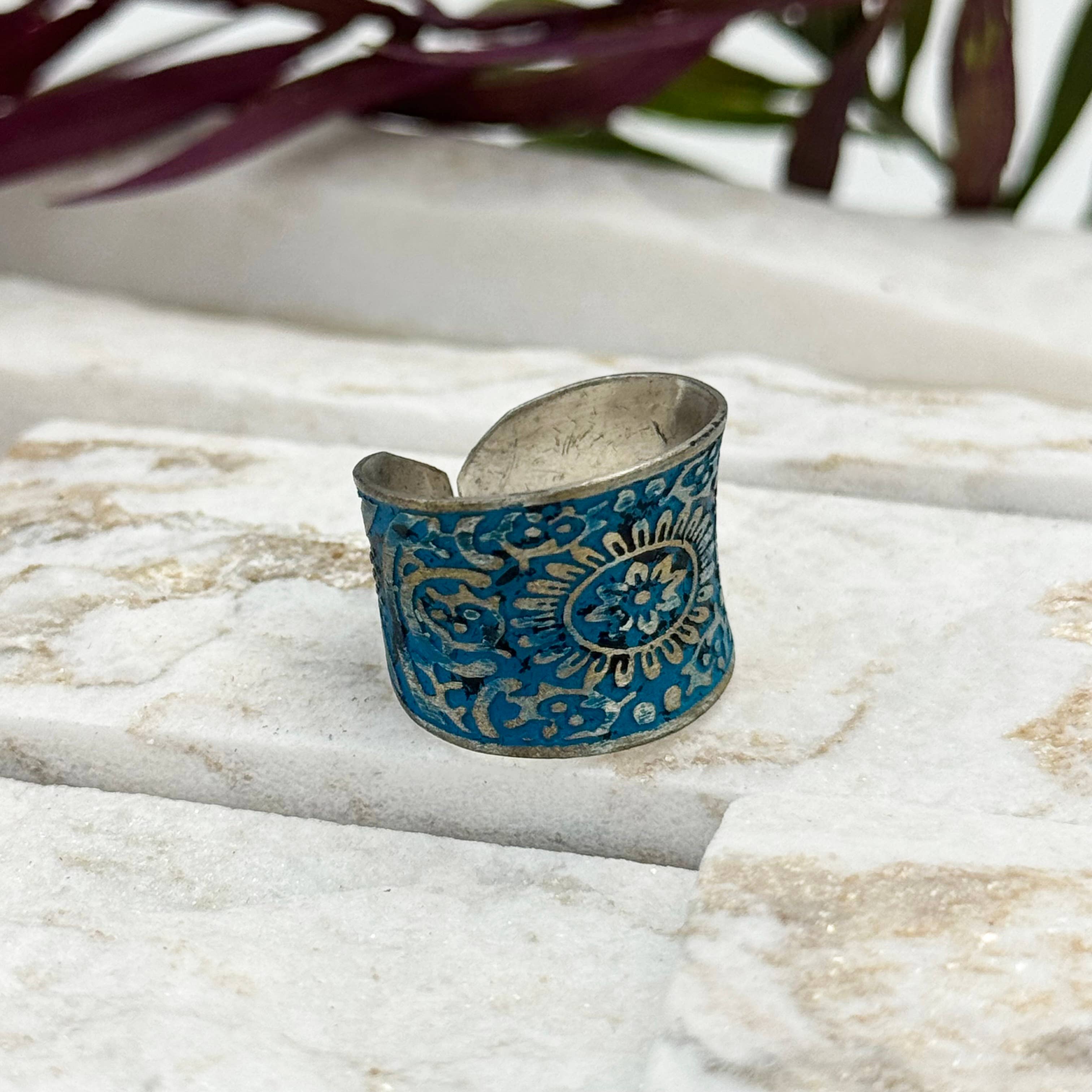 Handcrafted Silver Patina Blue Mandala Ring
