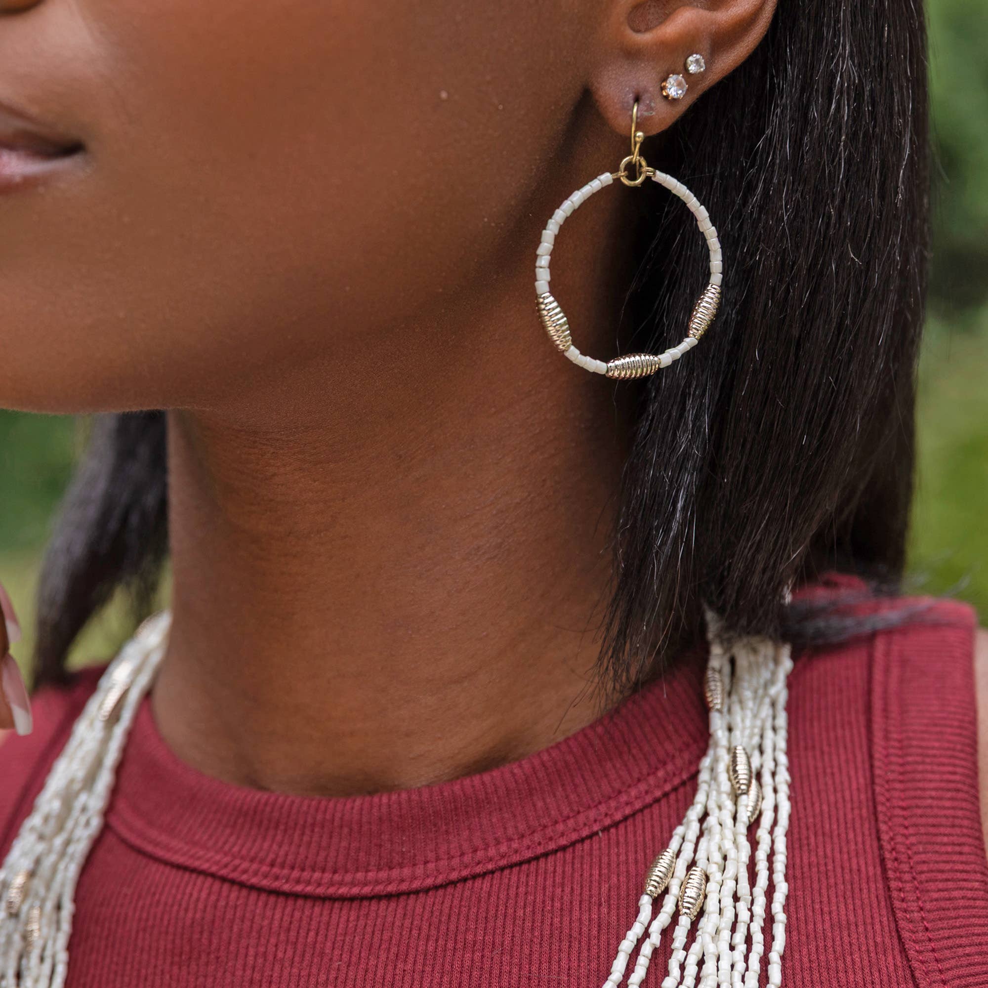 Seed Bead Hoop Earrings - White