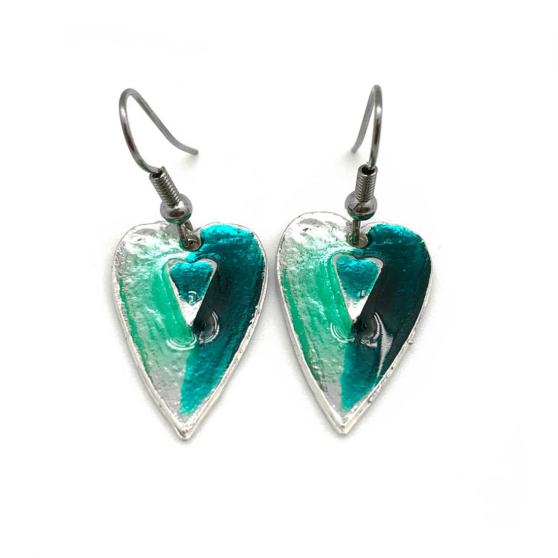 Pewter Earrings with Color Enamel - Teal/Aqua Heart