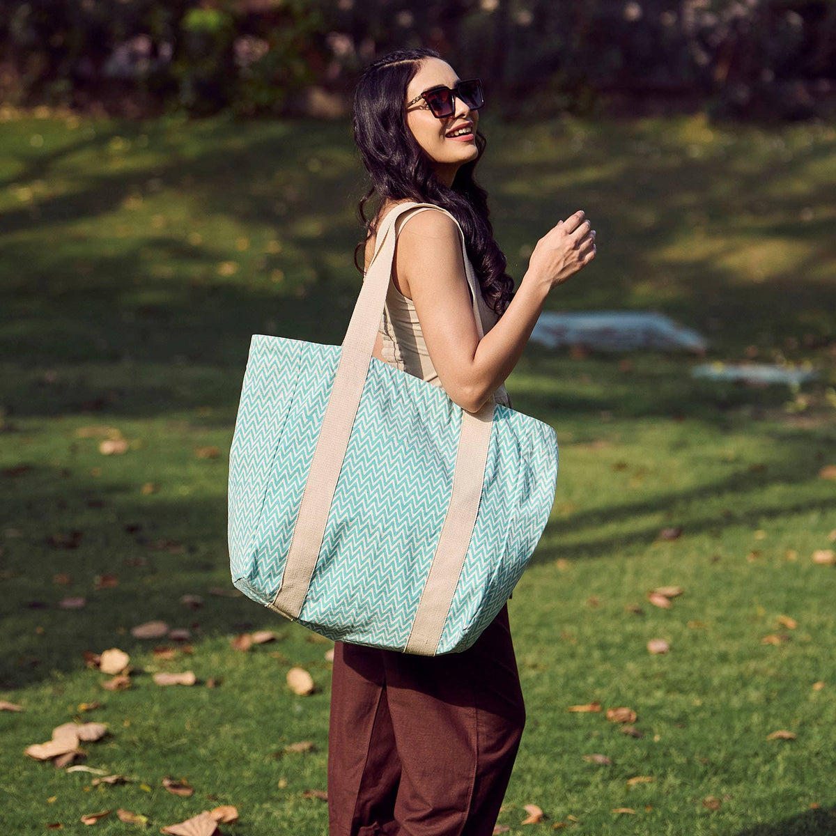 Handcrafted Canvas Bag with Block-Printed Aqua Zigzag
