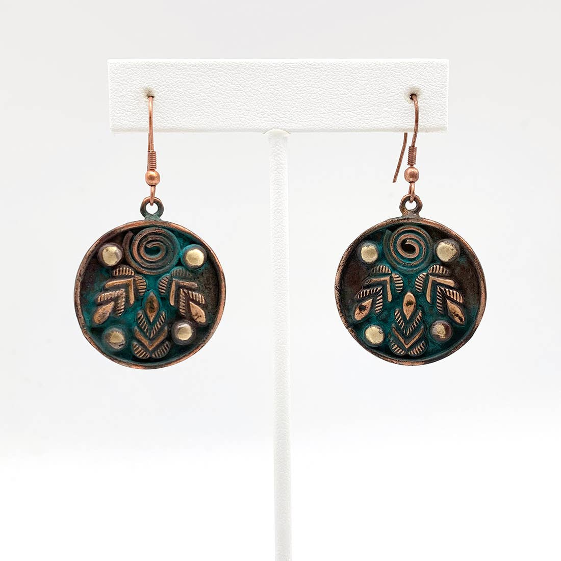 Copper Patina Earrings - Three Leaves and Spiral Teal Circle