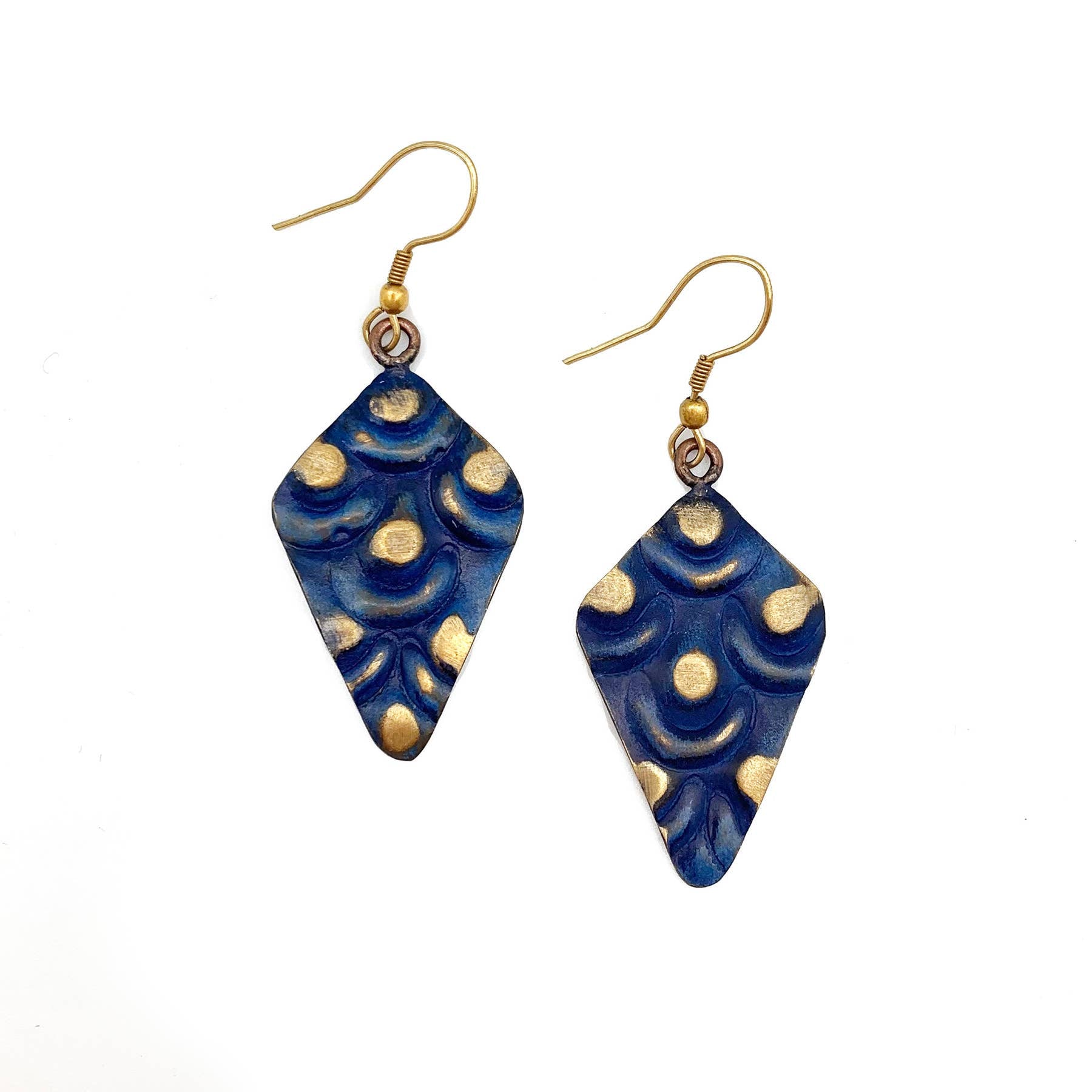 Brass Patina Earrings - Cobalt Blue Diamonds with Brass Dots