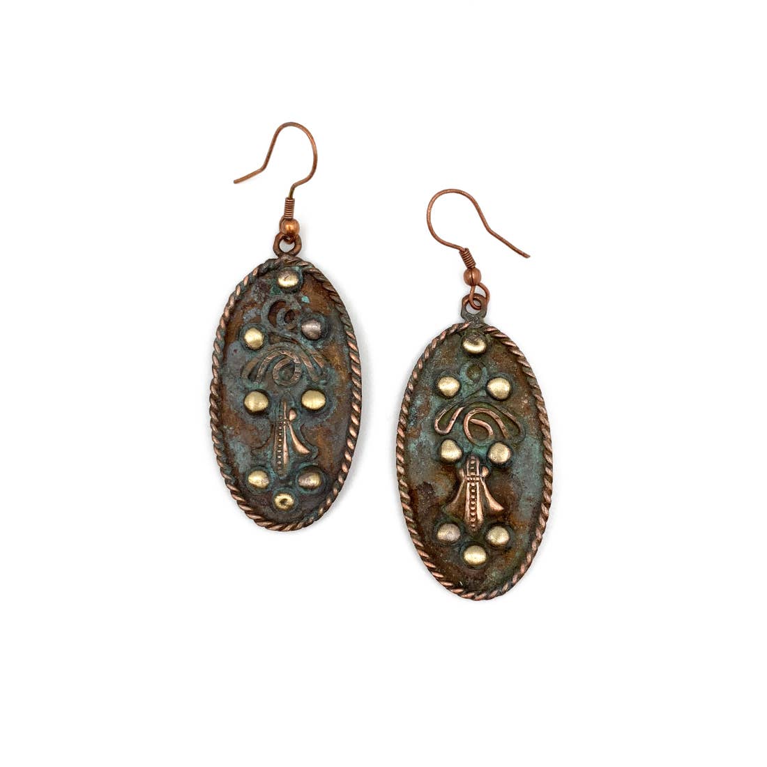 Copper Patina Earrings - Rivets & Filigree in Turquoise Oval