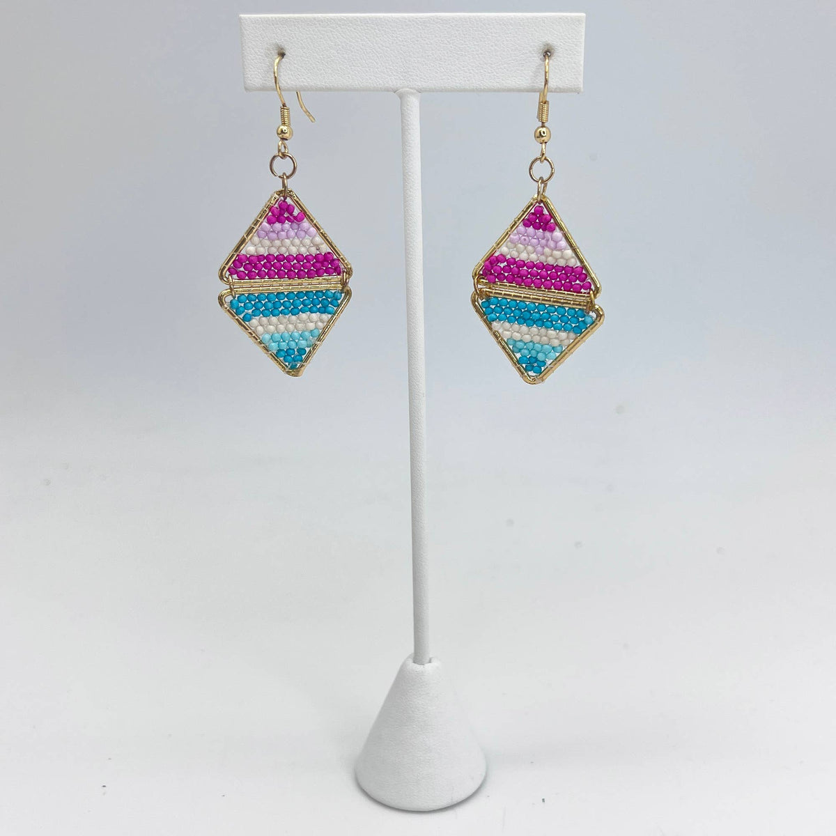 Seed Bead Layered Triangles Earrings - Pink and Blue