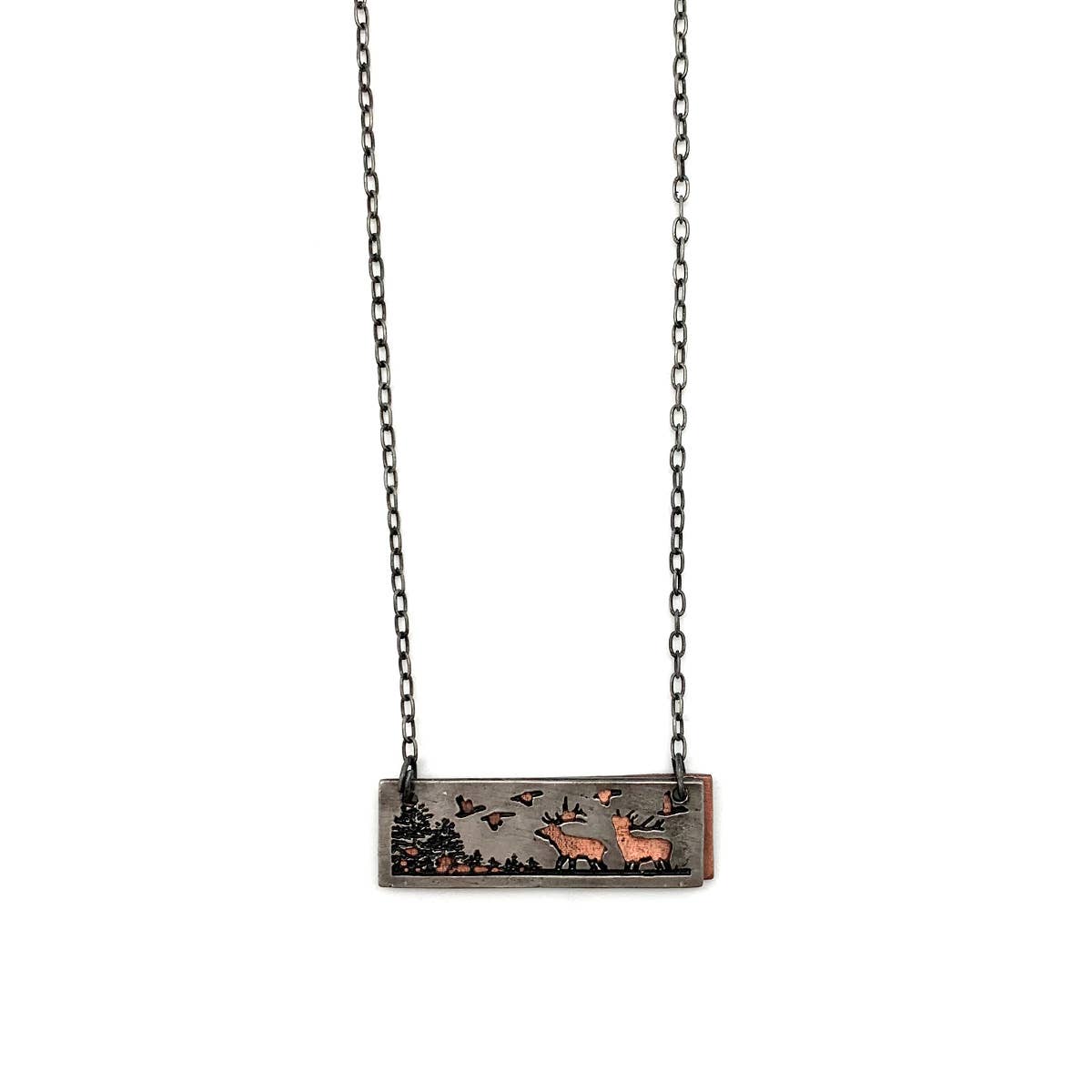 Pewter Necklace - Elk in Rectangle Looking Up