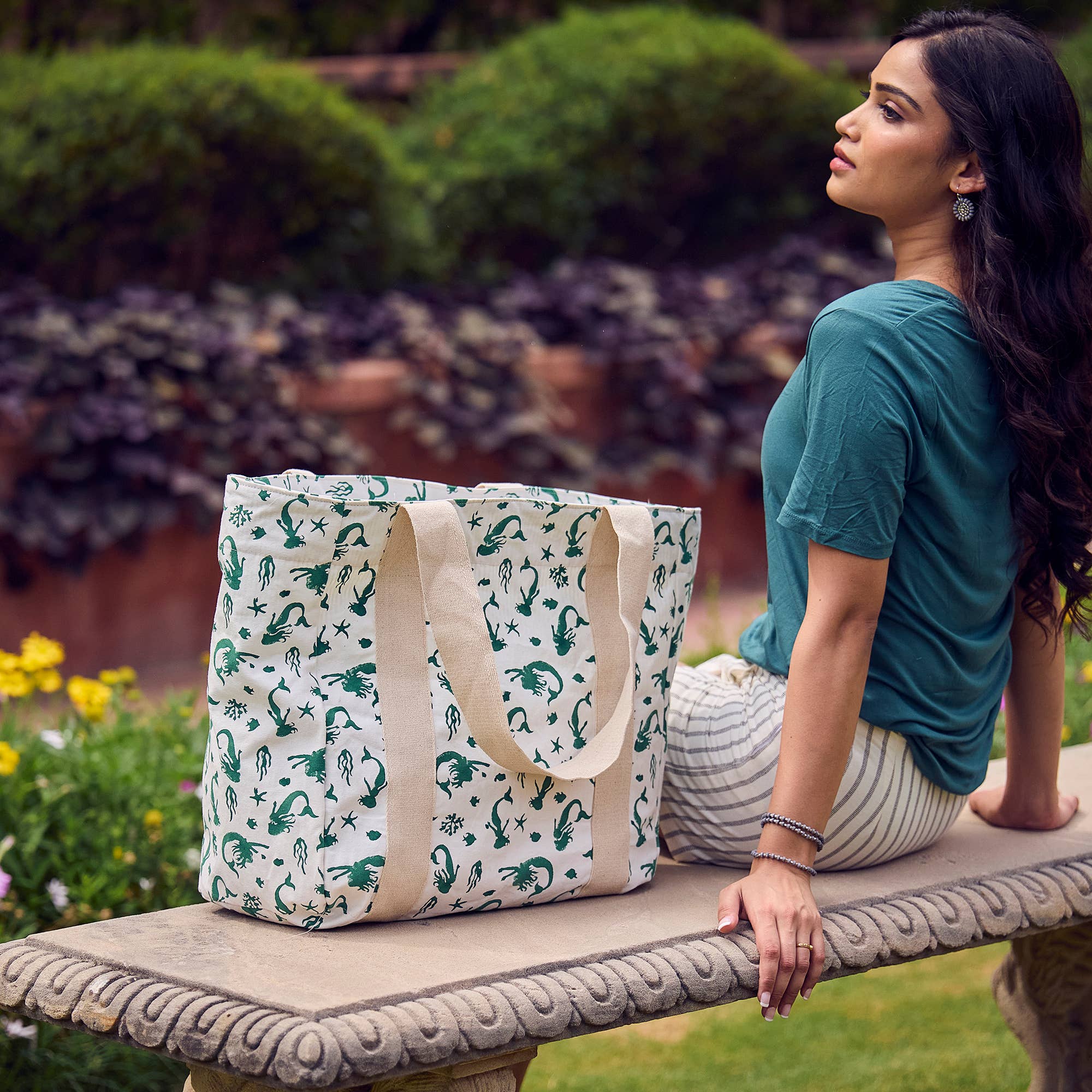 Block Printed Canvas Tote - Teal Mermaids