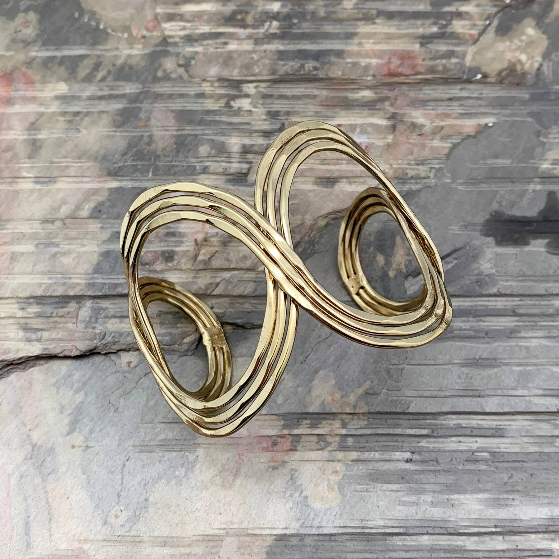 Gold Plated Adjustable Cuff Bracelet - Hammered Open Ovals