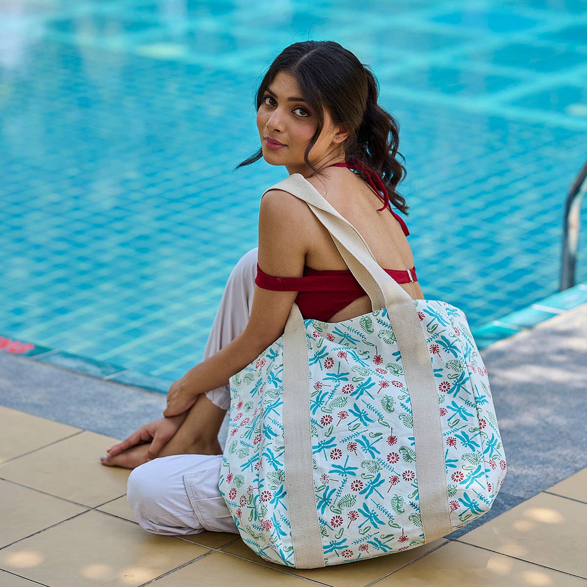 Handcrafted Canvas Bag with Block-Printed Dragonfly pattern