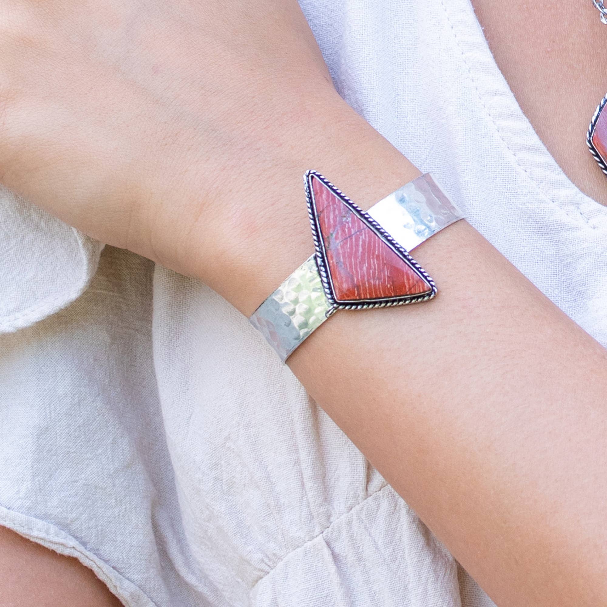 Handcrafted Kashi Semiprecious Stone Cuff - Red Jasper