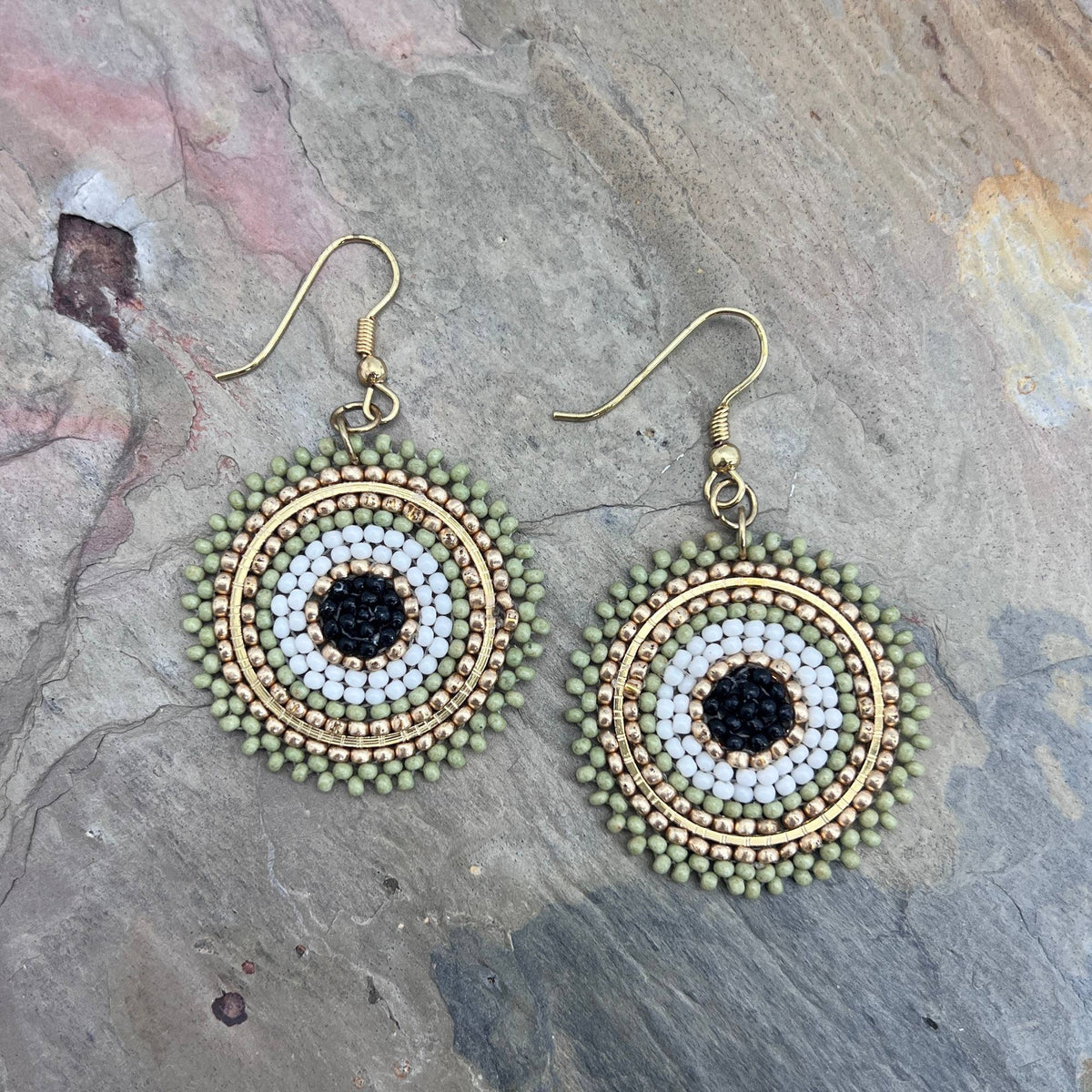 Seed Bead Color Circle Earrings - Sage Green