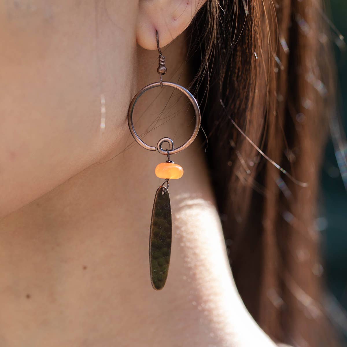 Banjara Earrings - Hammered Copper and Carnelian Beads