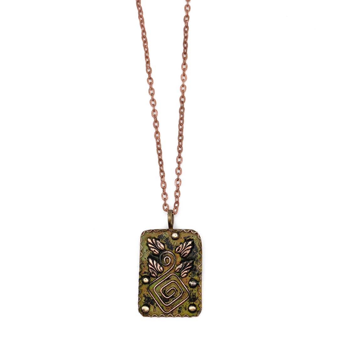 Copper Patina Necklace - Green Square Spiral Pendant