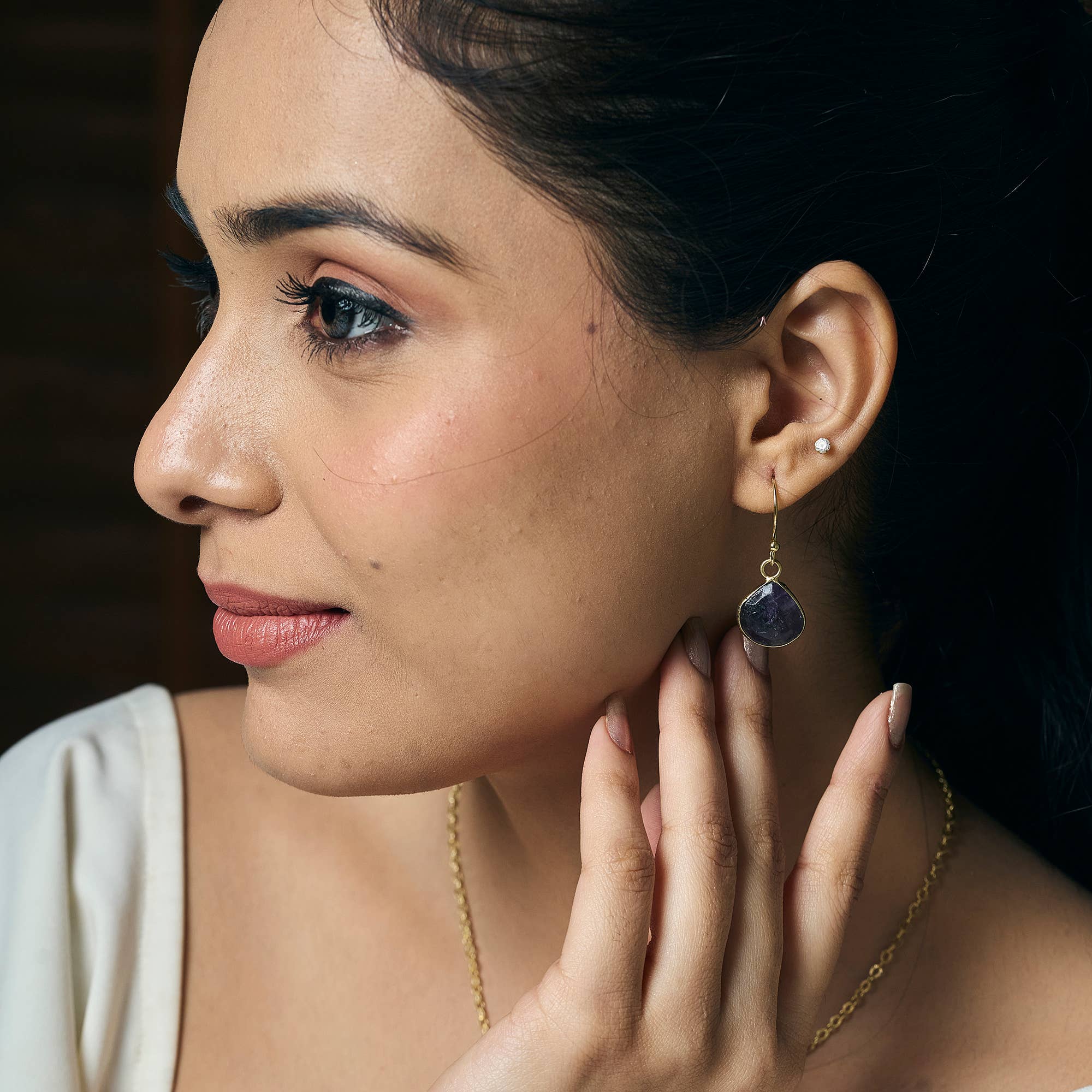 Gold Plated Earrings with Semi-Precious Stone - Amethyst