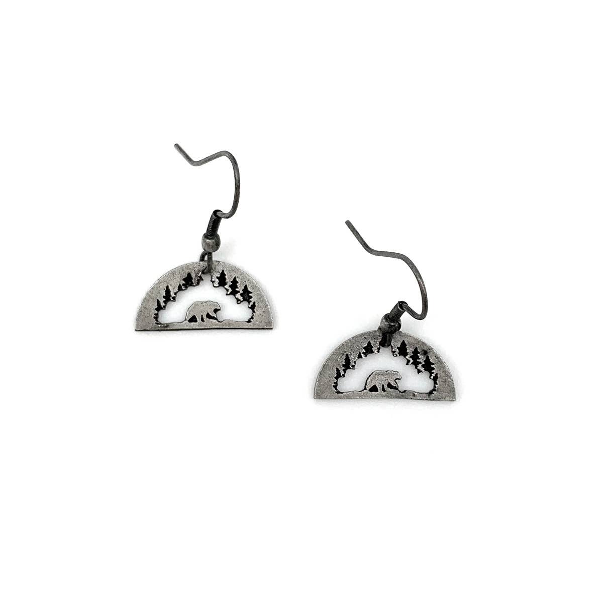 Pewter Earrings - Bear in Woods in Half Circle