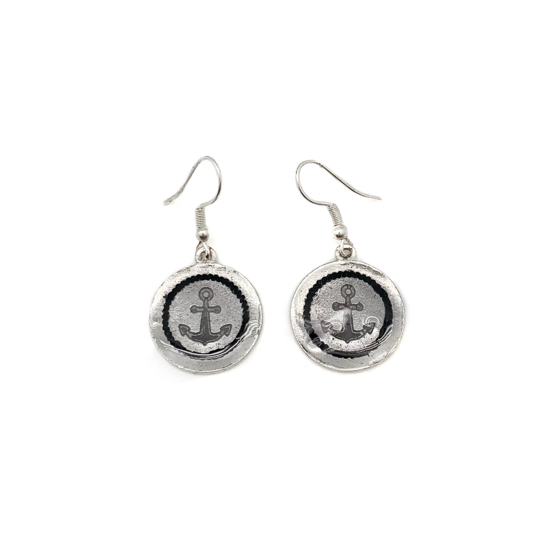 Pewter Earrings w Color Enamel - Black/Grey Anchor
