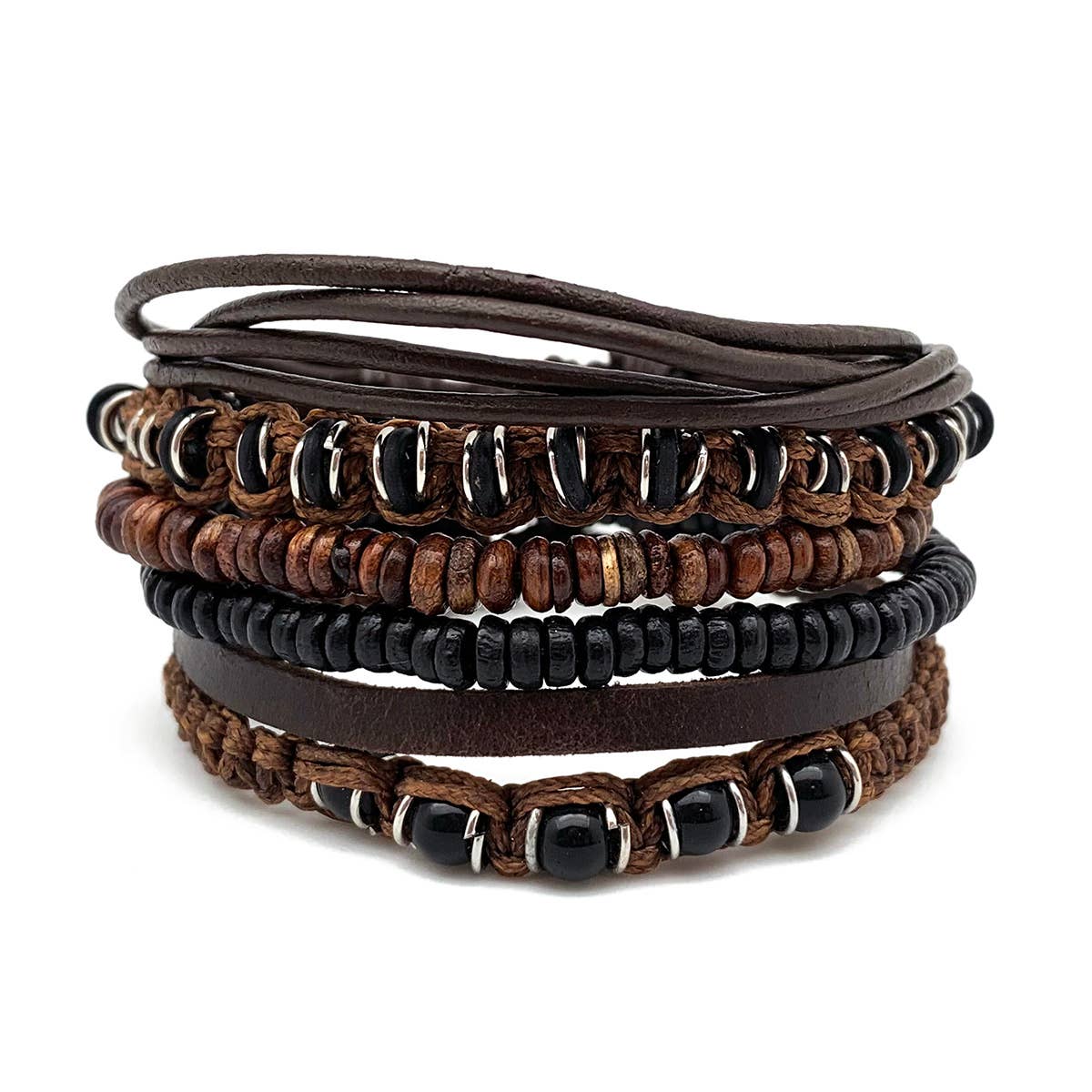 Aadi Brown and Black Beads with Leather Men's Bracelet Set