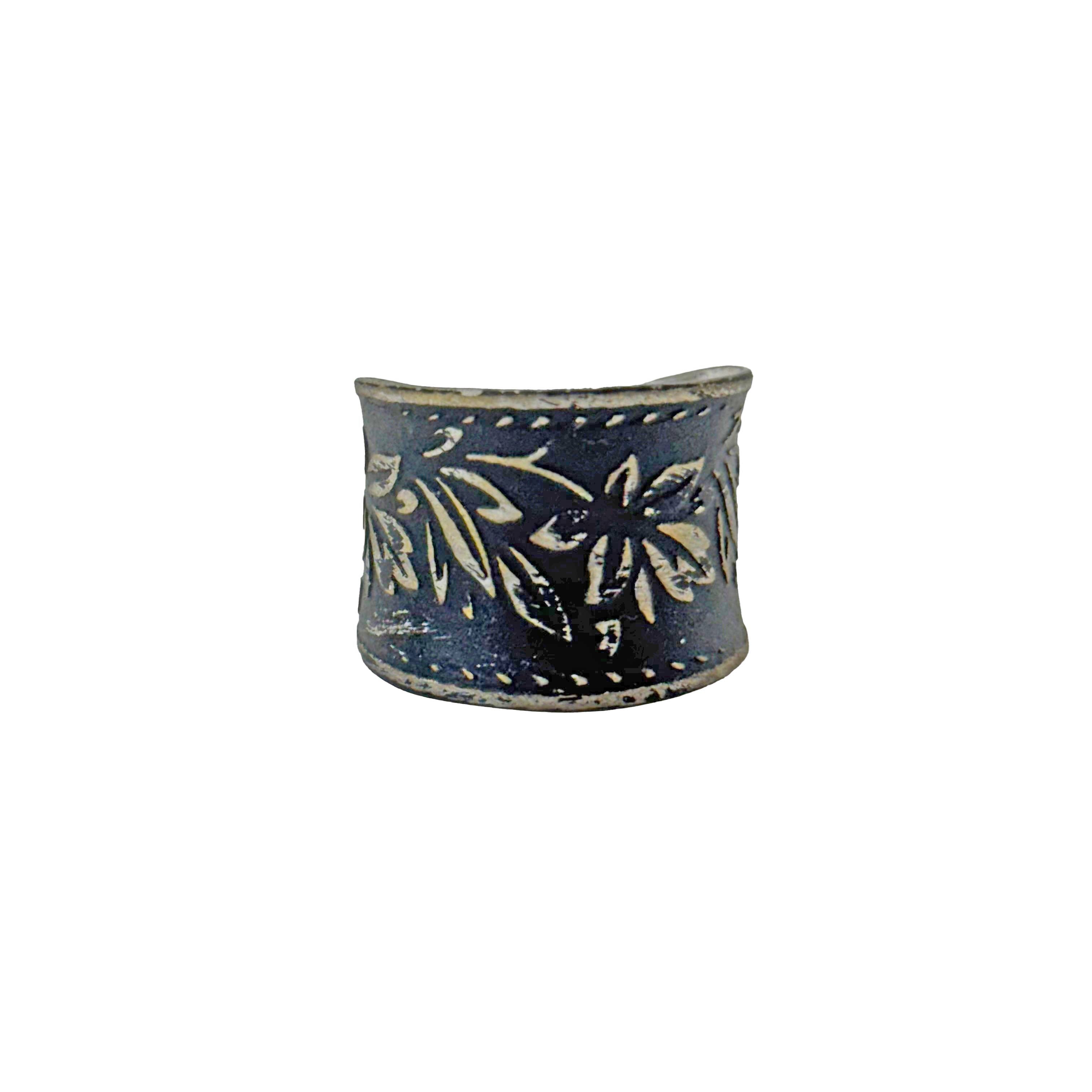 Handcrafted Silver Patina Black Floral Ring