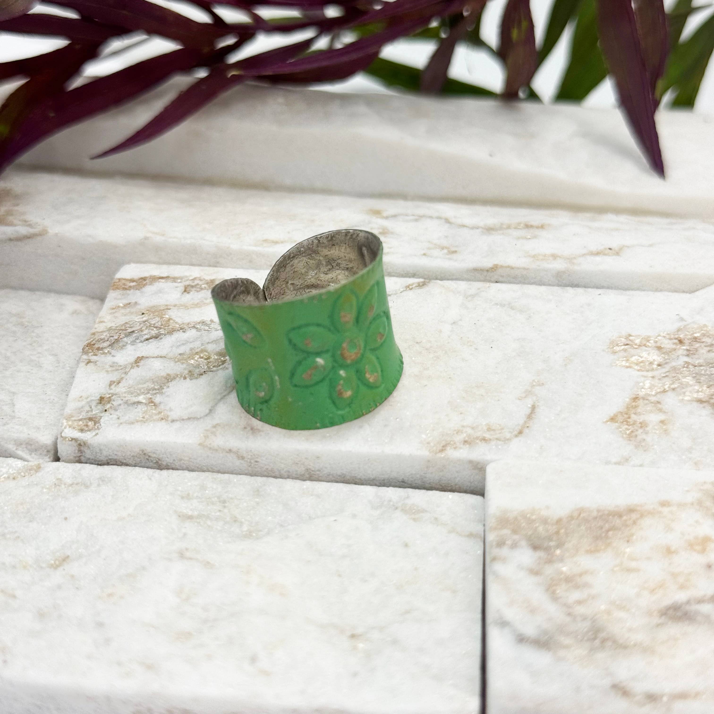 Handcrafted Silver Patina Green Floral Ring