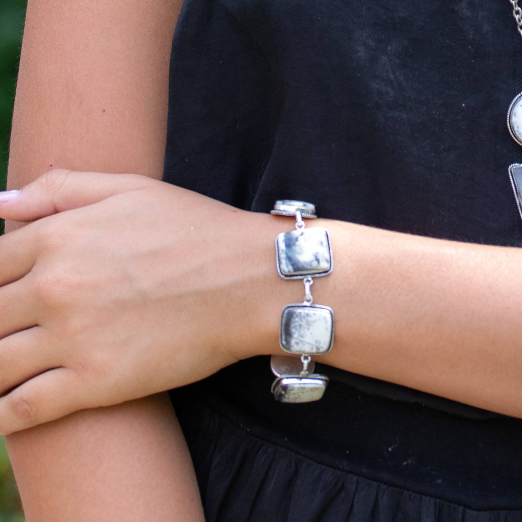Handcrafted Semiprecious Stone Link Bracelet -Dendritic Opal