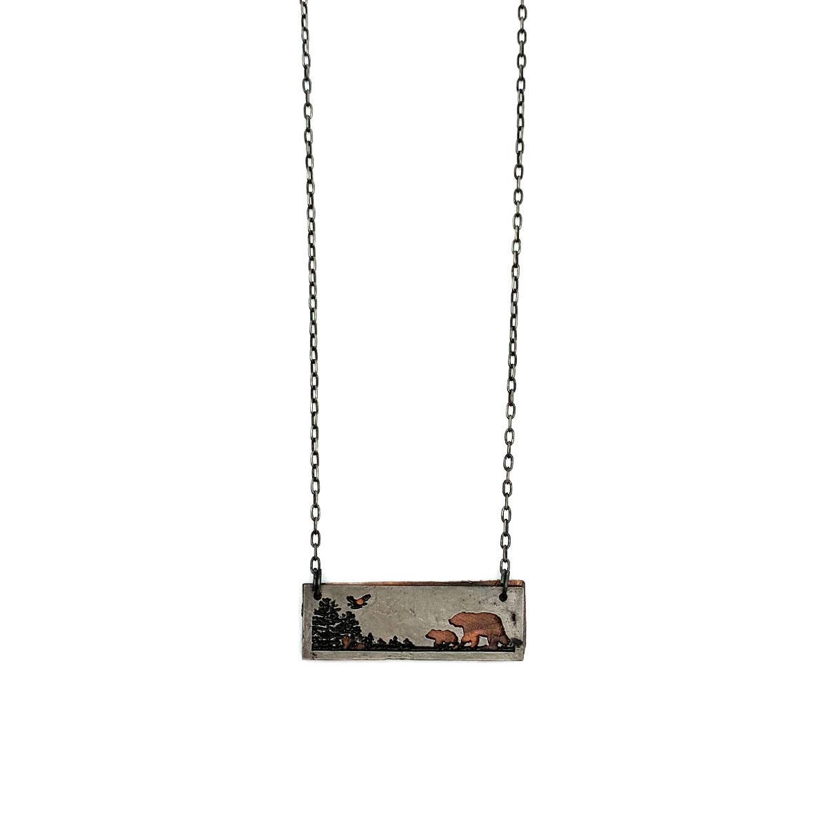Pewter Necklace - Mama Bear and Bear Cub in Rectangle